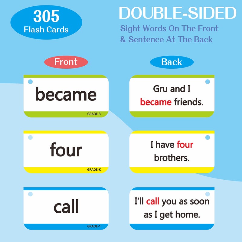 SpriteGru 305 Dolch & Fry Sight Words Flash Cards, Include 250 Words with Sentences Plus 50 Blank Cards and 5 Index Cards, Educational Word Reading Flash Cards for Preschool to 3rd Grade - Image 2
